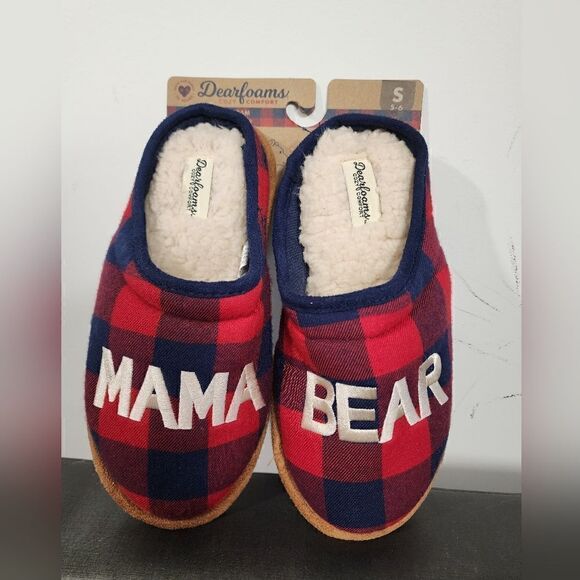 NEW Dearfoams Mama Bear Navy/Red Christmas Plaid Women Clog Slippers, Small 5/6 - Picture 1 of 3